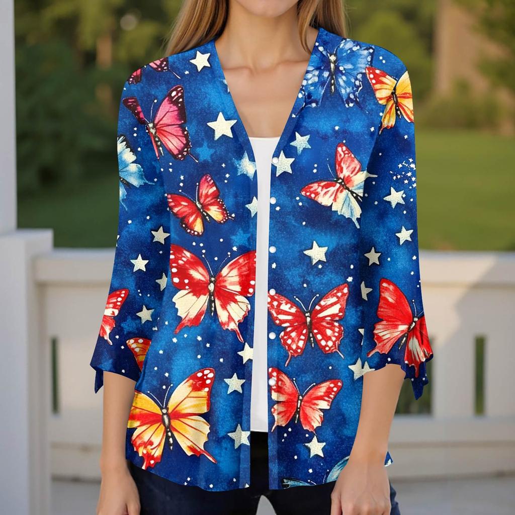 Women's Loose Casual Independence Day Printed Seven Sleeve Button Down Shirt Cardigan Top