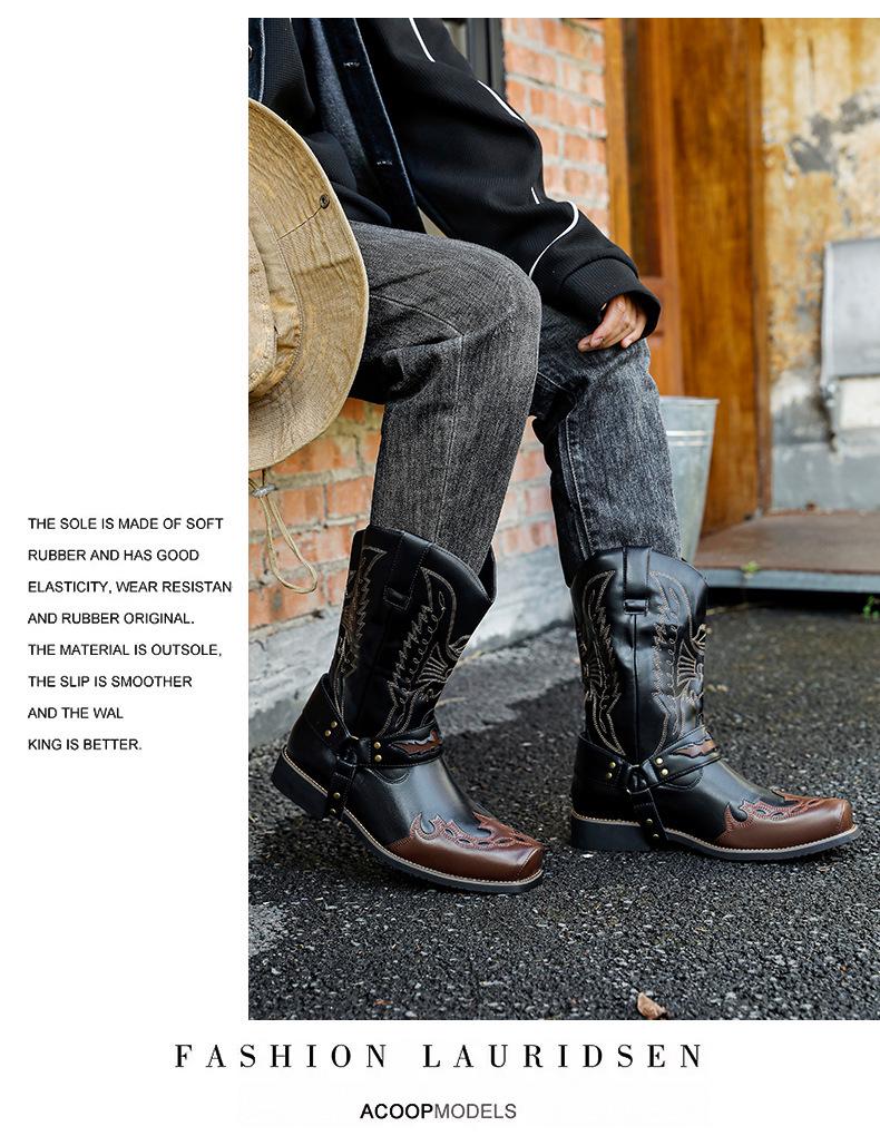 Men's Embroidered Leather Western Cowboy Boots - Retro European High-top Knight Style