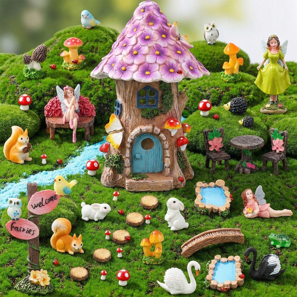 60PCS Solar Fairy Garden Accessories Resin Light up DIY Village Decoration Elves Flowers Cottage Micro Landscape Ornament