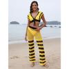 Women's Beach Patchwork Sexy Deep V Lace Up Top Micro Flared Pants Two Piece Set