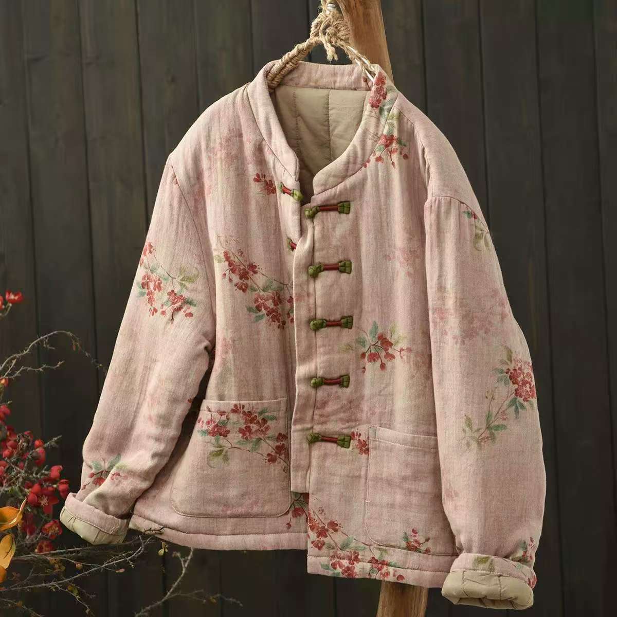 

Johnature Women Vintage Print Floral Jackets Stand Long Sleeve Autumn Coats Button Pockets Warm Pockets Jackets One Size