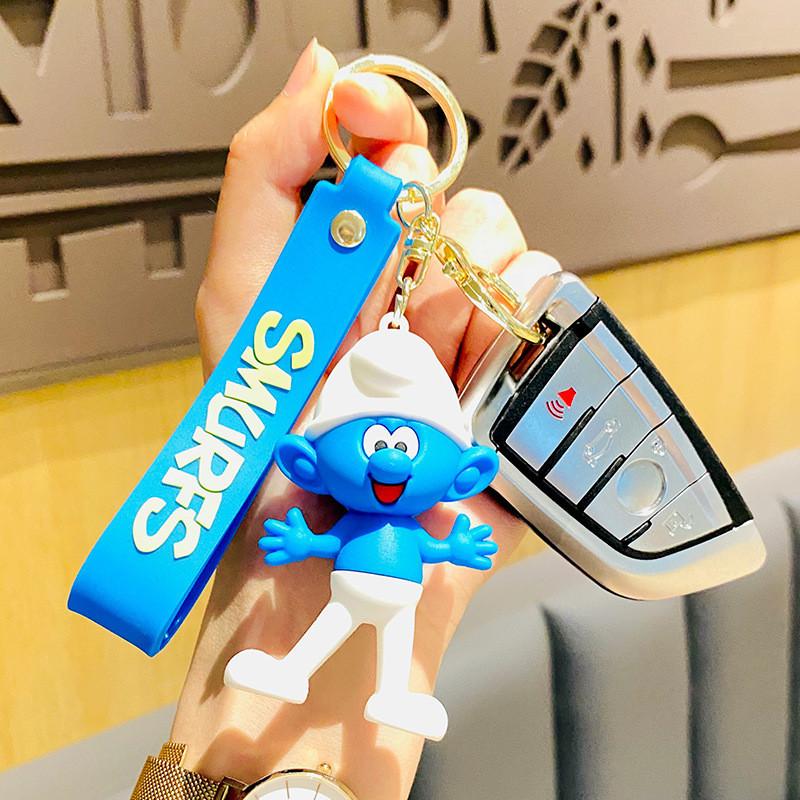 Adorable Smurfs Silicone Keychain Cute Cartoon Blue Papa Keyring Bag Charm