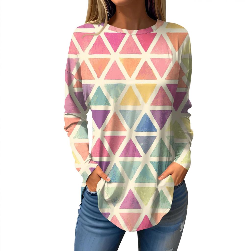 Women's Loose Casual Printed Round Neck Long Sleeved T Shirt Top Pullover Long Sleeved Sweatshirt