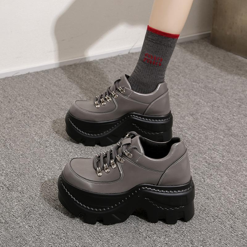Goth Babes Rock Dark Punk Round Head Heightening Versatile Lace-up Platform Muffin Shoes Subcultural Small Leather Shoes