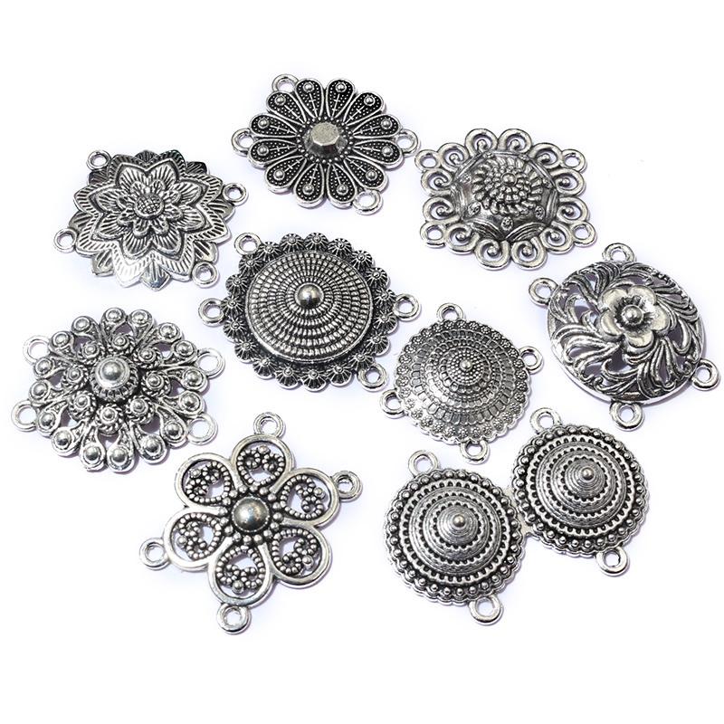 10pcs Antique Silver Plated Boho Vintage Flower Connector Charms Pendant DIY Jewelry Making Accessories Findings