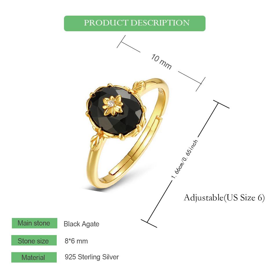 WES 925 Silver Gemstone Open Ring for Women Natural Black Agate 6*8mm Retro Vintage Fine Jewelry Gift For Mom