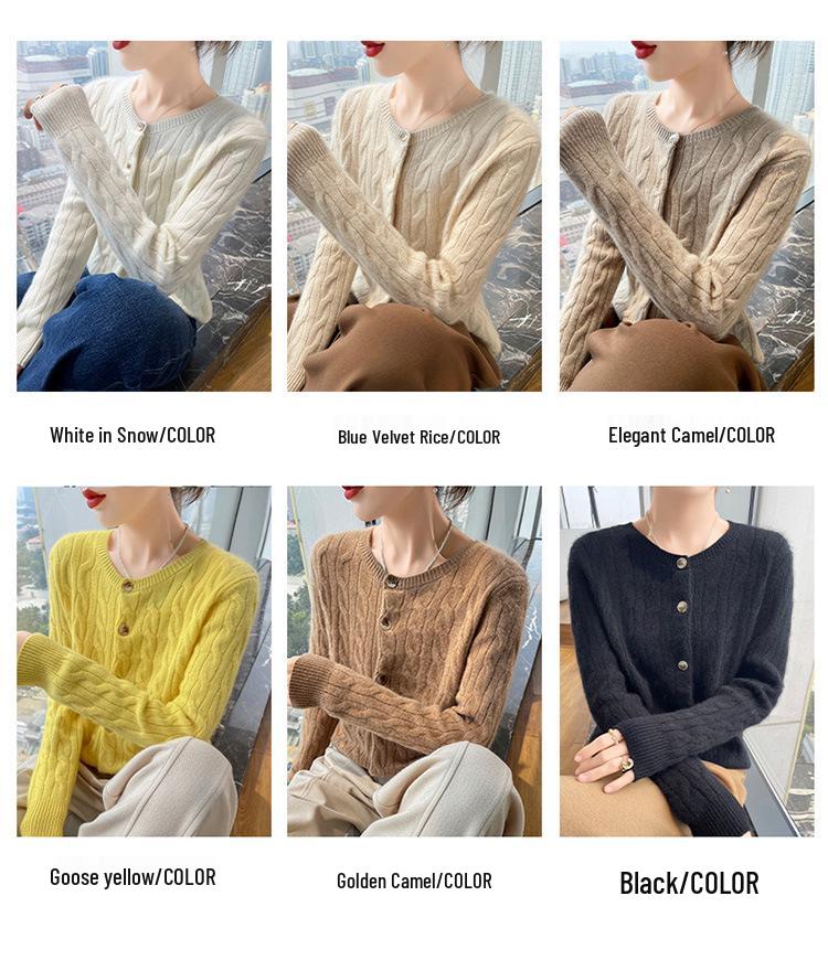Women's Cashmere Round Neck Cable Knit Cardigan - High-End, Fashionable, Versatile Sweater for Autumn/Winter