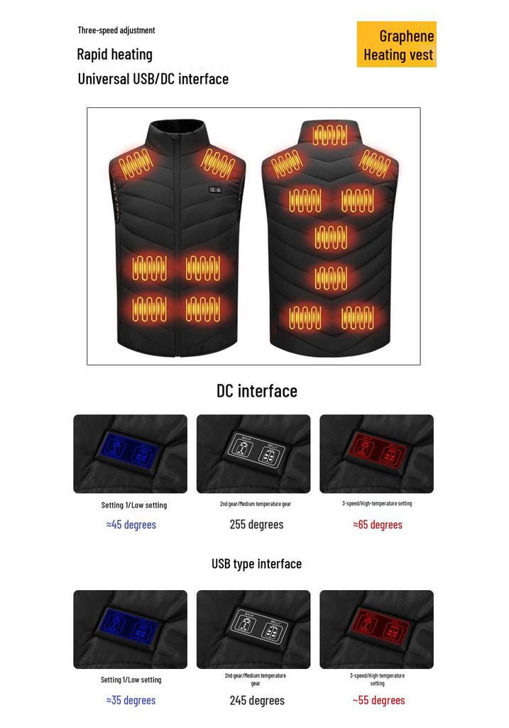 Smart Heated Vest - USB Charged Graphene Heating with Constant Temperature Cotton Gilet