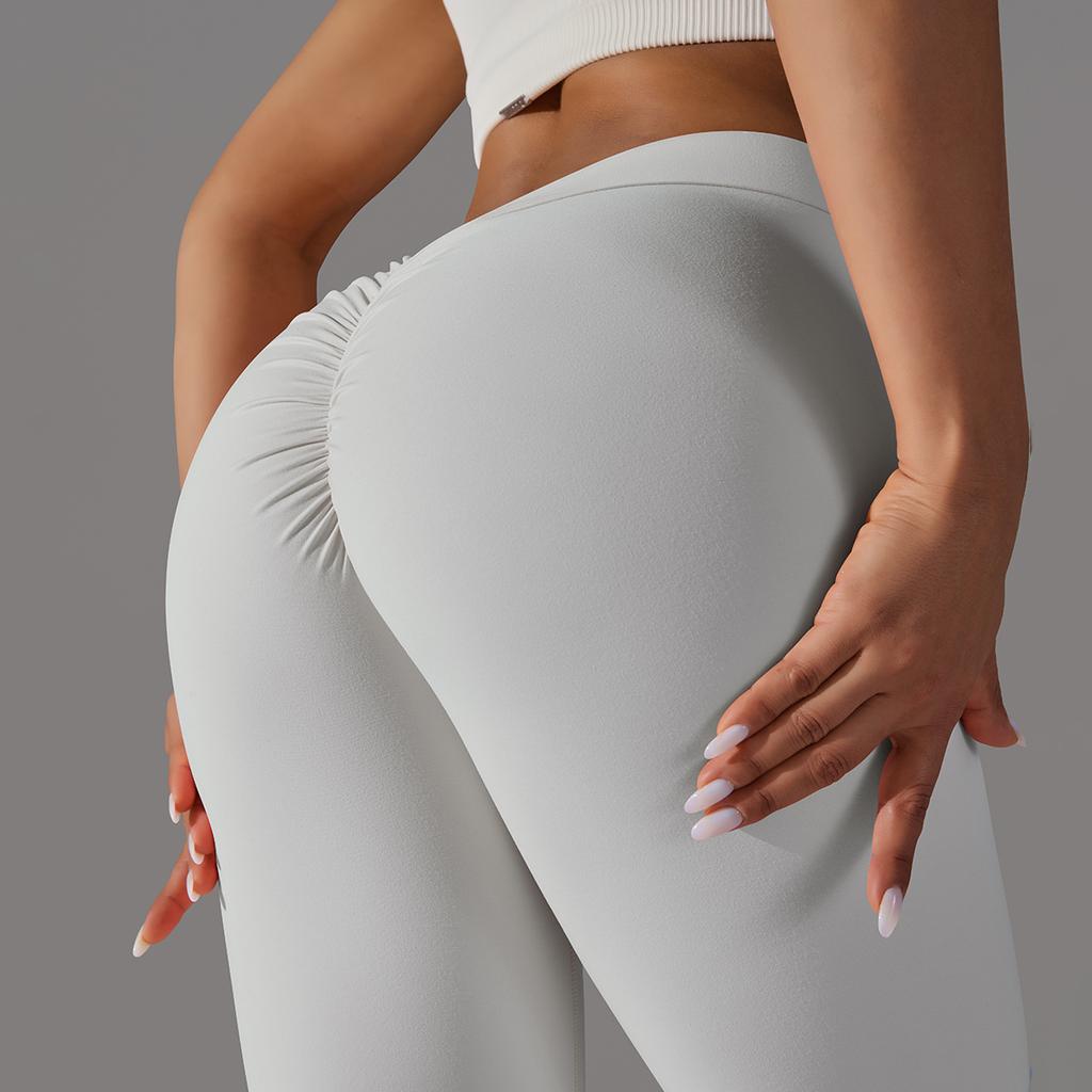 Brushed V-waist Pleated Solid Color Peach Hip Yoga Pants For Sports, Running, Fitness, Tight Fitting Cropped Pants