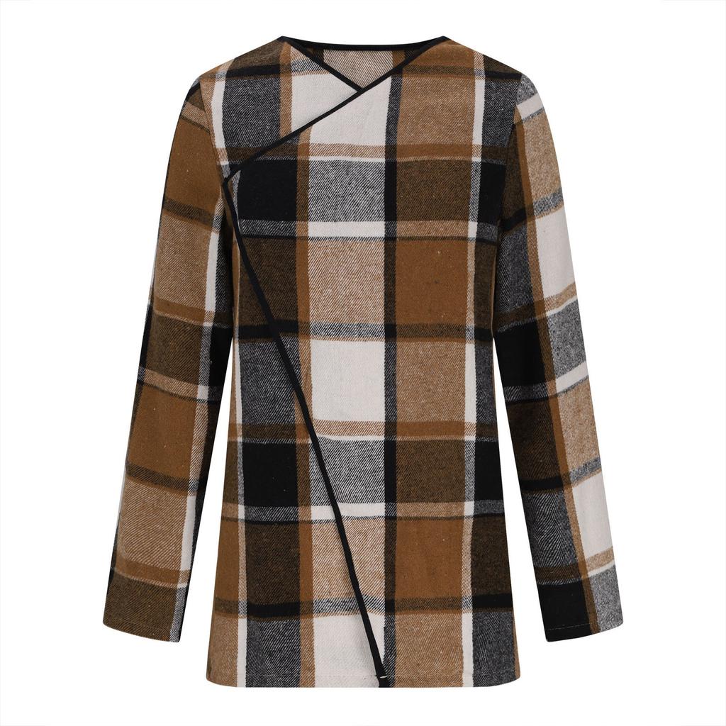 Ladies' Plaid Printed Fashionable Long Sleeved Jacket Cardigan