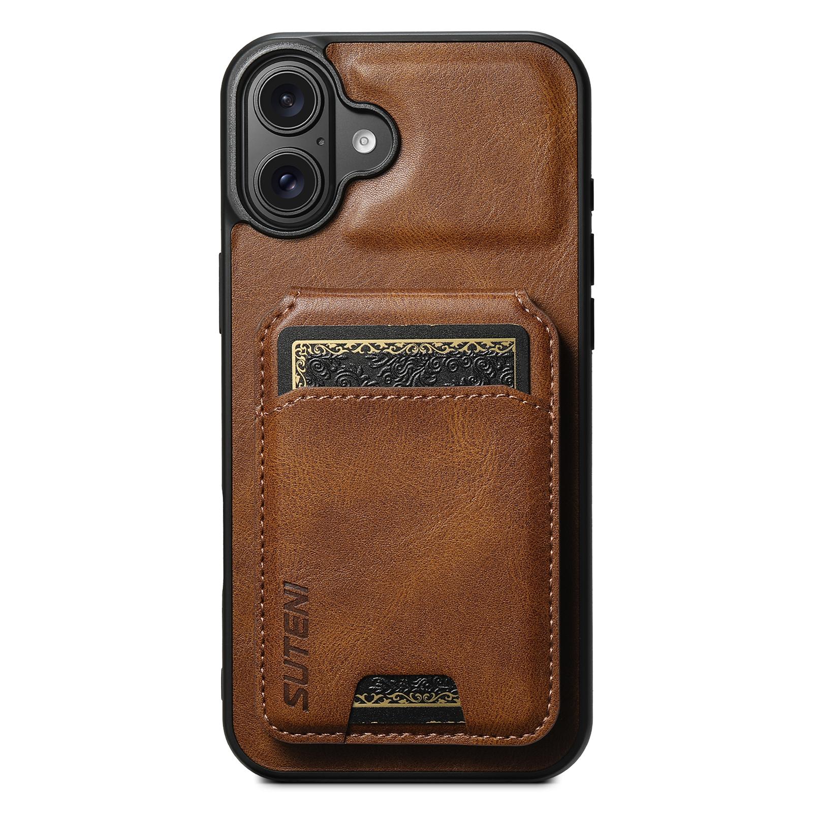 

SUTENI H02 For iPhone 16 Case Waxy Texture Leather+TPU Card Slots Kickstand Phone Cover Brown