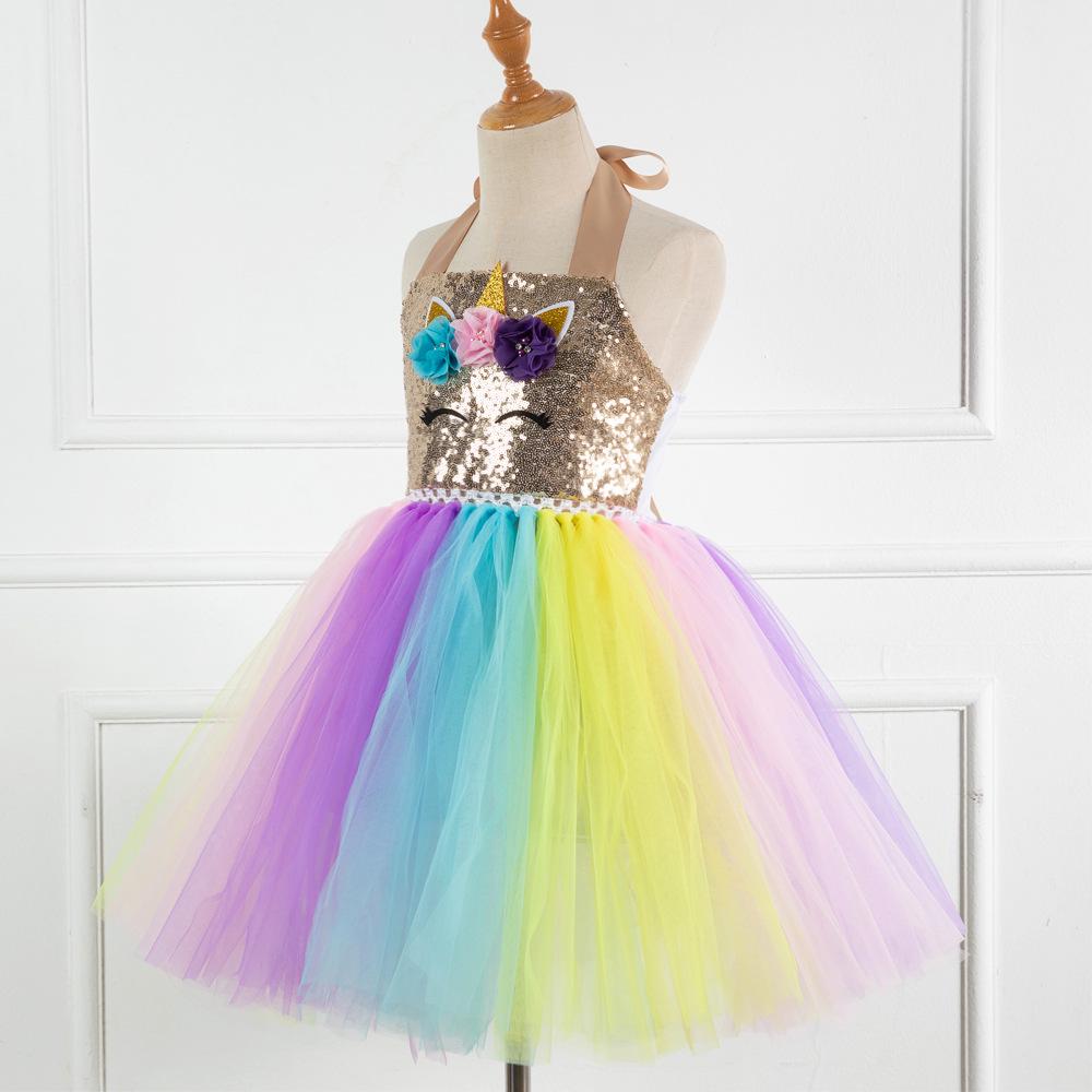 Regenbogen Pailletten Einhorn Kleid mit Flügeln & Kopfschmuck - Europäischer & Amerikanischer Stil 2026 für Mädchen
