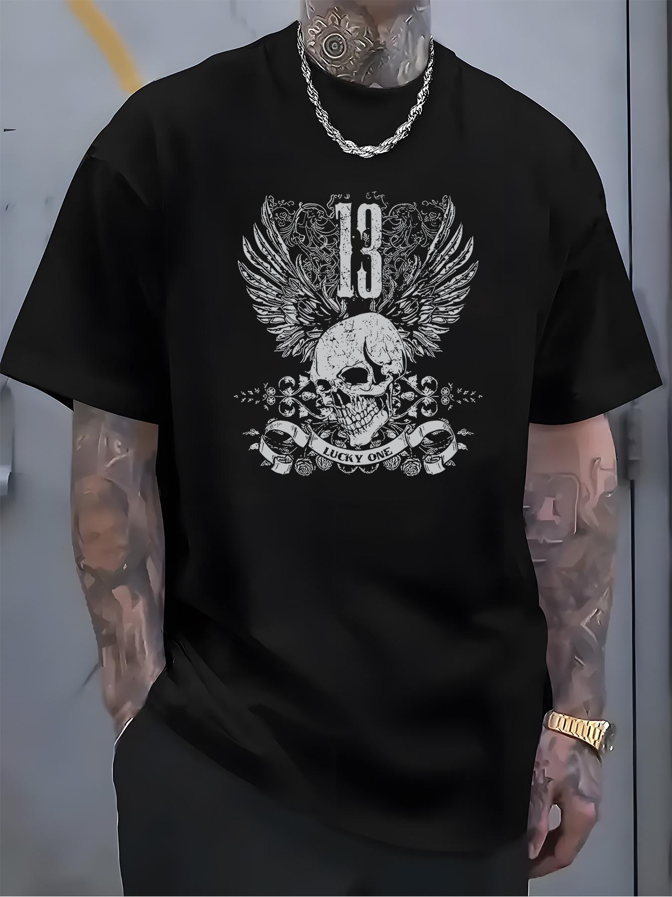 Graphic T-shirt - Black with White Skull & Wings Design XXXXL