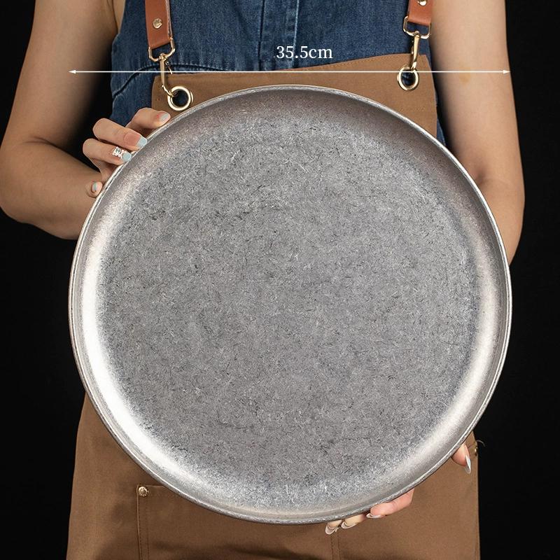 Vintage Korean Style Round Stainless Steel Plates Multi-Purpose Serving Trays Bone Dishes for Dessert Cake Coffee Tableware