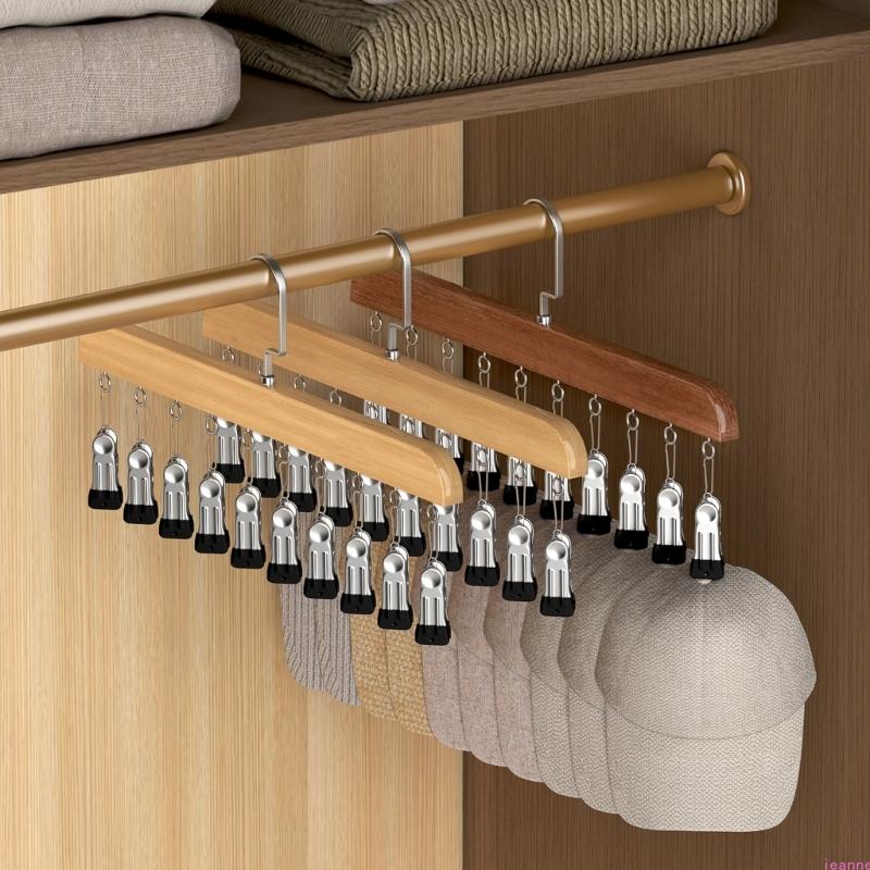 Multifunctional Wooden Garment Hanger 10 Adjustable Clip For Space Saving Vertical Organization Of Hats And Clothes