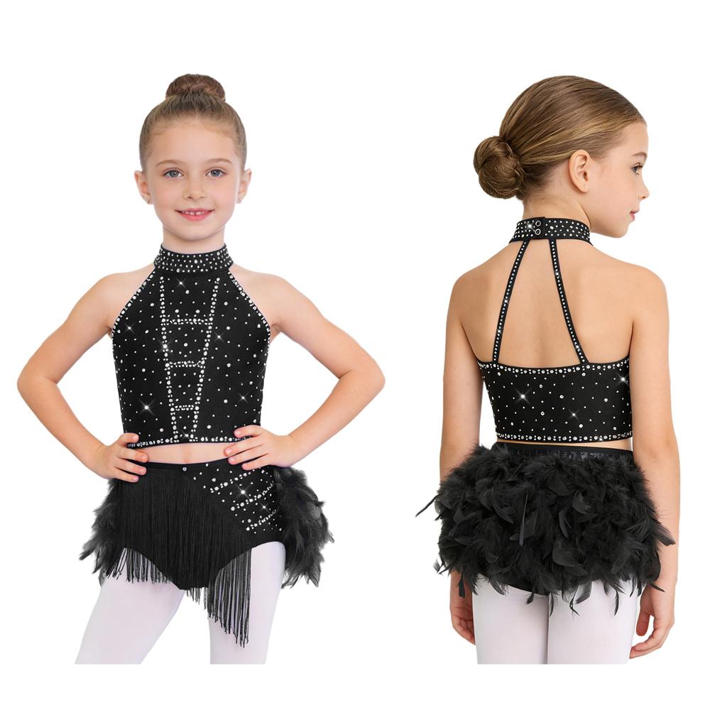 Trblietavý tanečný kostým s perami a strapcami pre deti, dievčatá: Crop top s halter krkom a prekríženým chrbtom a elastickou sukňou pre javiskové vystúpenie