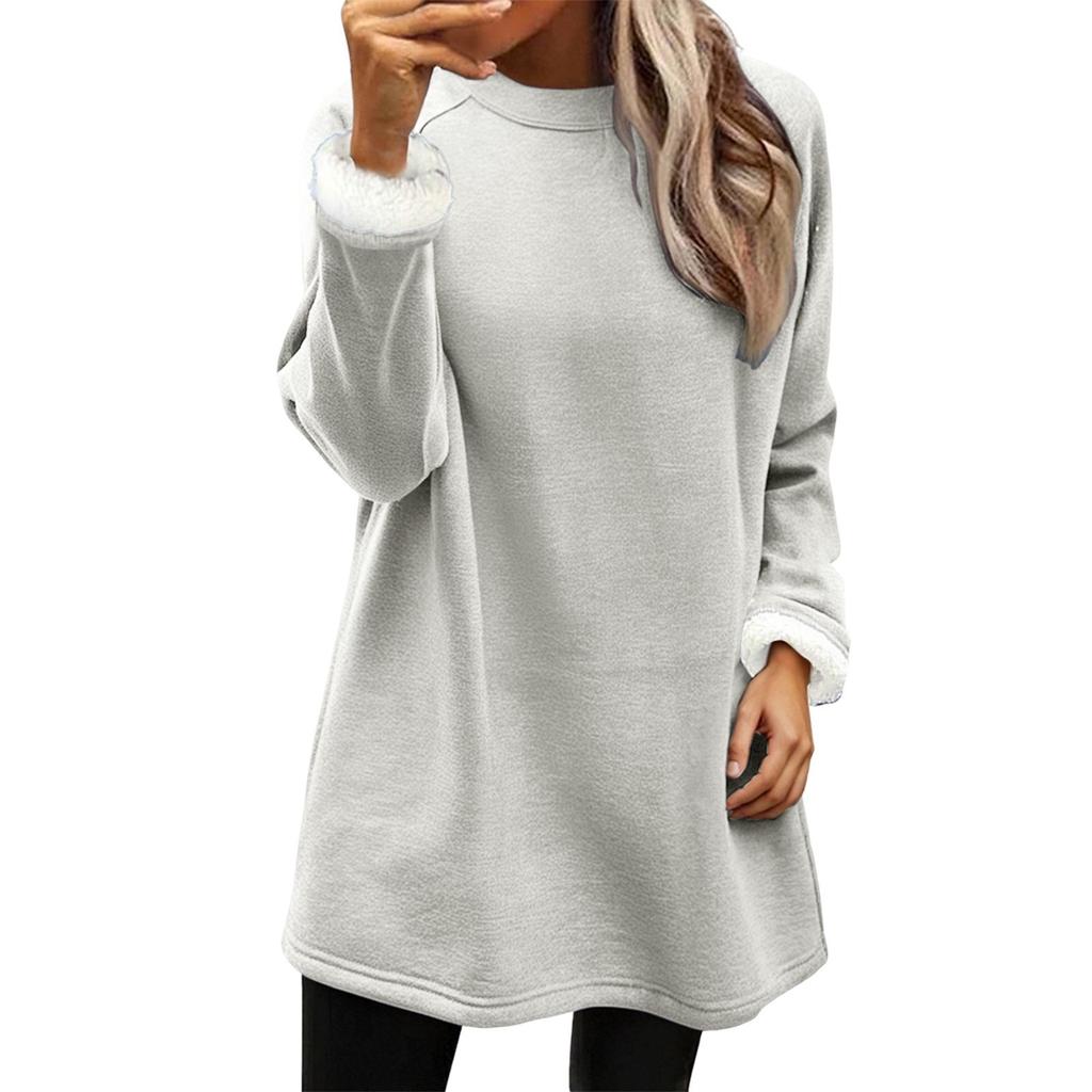 Women's Solid Fleece Lined Sweatshirt Dress Crew Neck Long Sleeve Loose Warm Casual Home Wear Winter Mini Dress