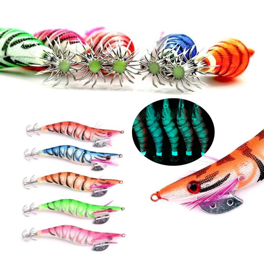 5Pcs 3D Eyes Luminous Squid Fishing Lure Wooden Shrimp Bait  All Kinds of Fishing Places