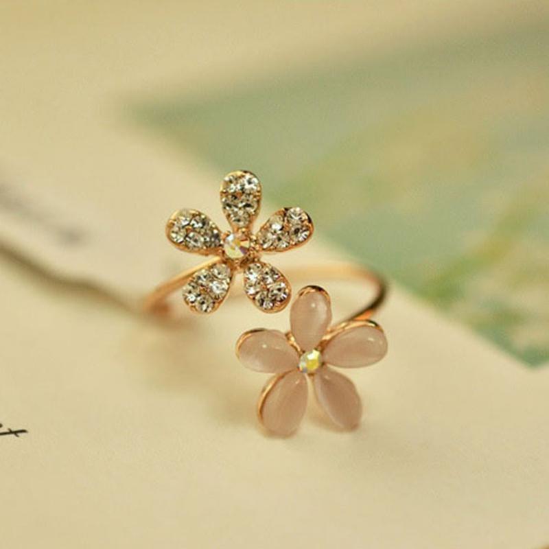 Cincin Pembukaan Opal Bunga, Boleh Laras, Untuk Wanita, Rekaan Daisy Kecil, Set 2 Keping