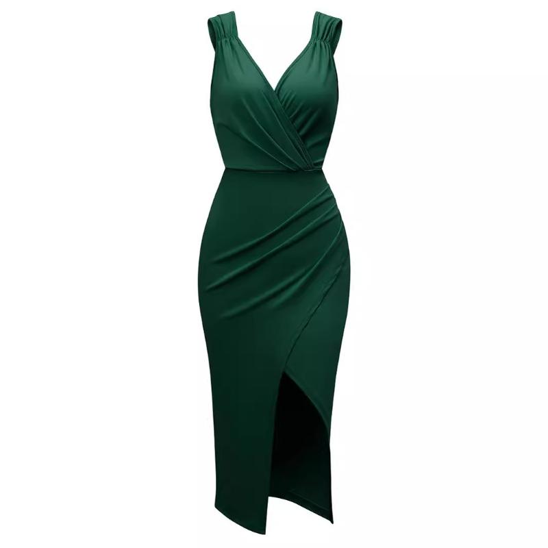 Summer European and American Casual Waist Cinched V-neck Fresh Style Sleeveless Dress for Women