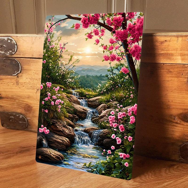 

1 piece of pastoral landscape tin painting plaque, suitable for living room and entryway wall decoration, Chinese Zen style home (as the picture,20x30cm)