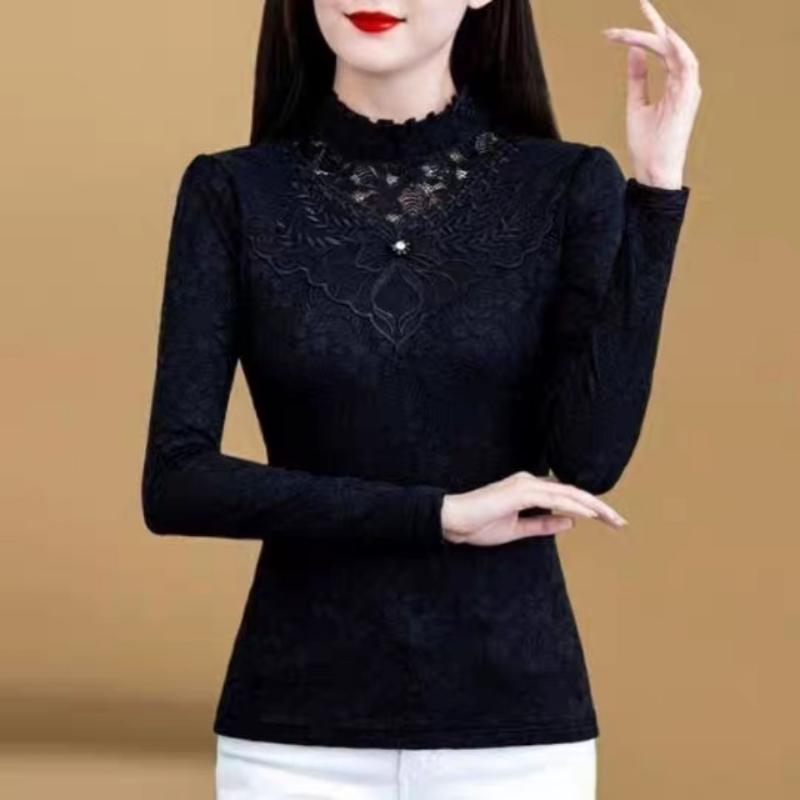 

Новый Весенне-Осенний Модный Темперамент Сексуальное Кружево Ажурный Расшитый Бисер Стойка Воротник Приталенный С Длинным Рукавом Женская Майка-Подкладка 5XL чёрный