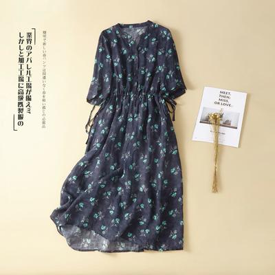 Vestido de Algodón de Cáñamo Ramio con Cordones, Nuevo Estilo Artístico para Mujer, Vestido Largo Floral