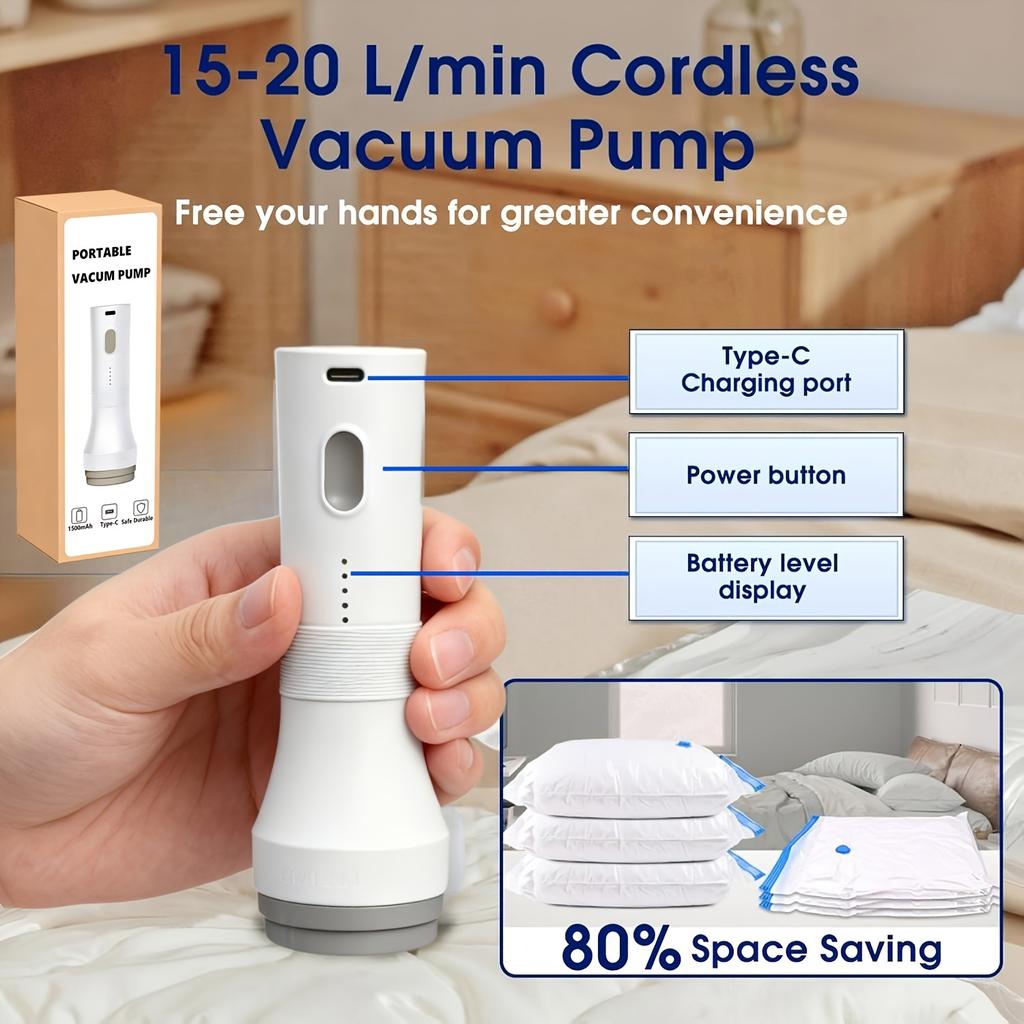 Portable Vacuum Compression Pump | Rechargeable Cordless Suction Pump, Suitable for Travel Bag and Clothing Storage