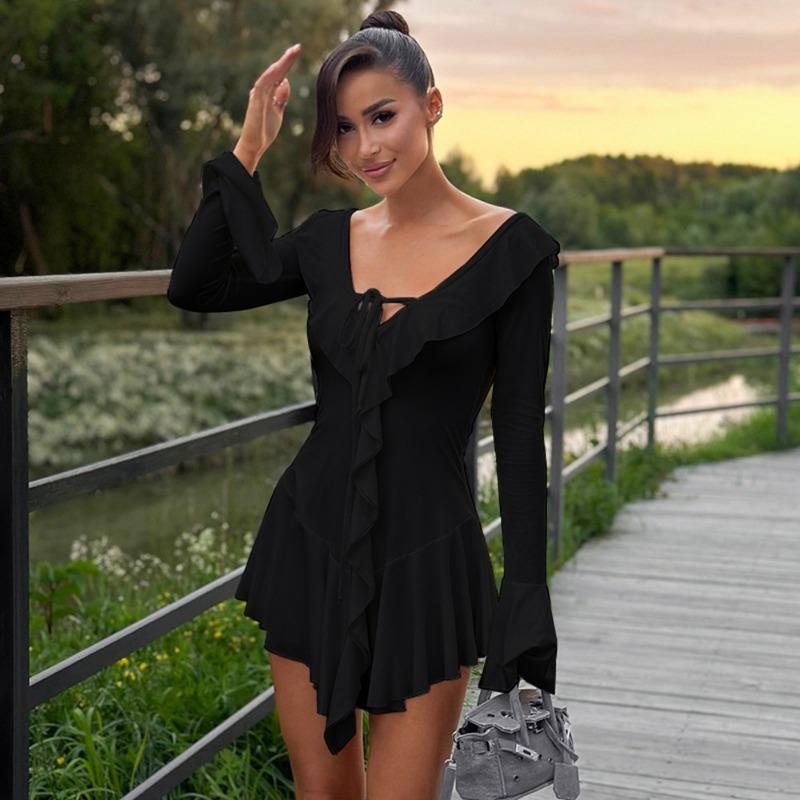 Fashion Sexy Big V Neck Irregular Mini Short Dress Ruffle Edge Flared Long Sleeve Slim Fit Evening Party Dress Streetwear Solid Color Women's Clothing