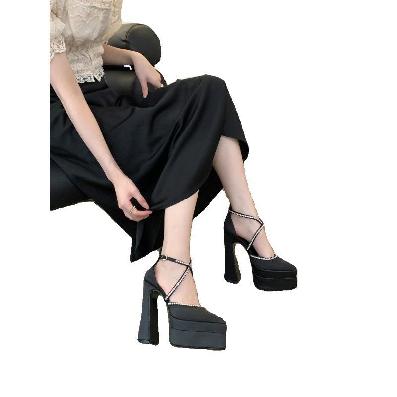 2025 foreign trade new hate sky high rhinestone thick heel high heels waterproof table pointed head bag head hollow sandals women