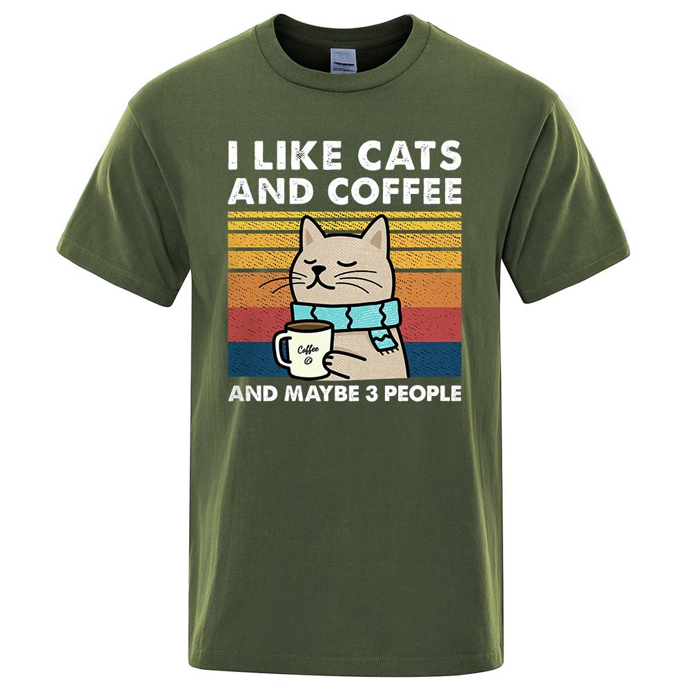 I Like Cats And Coffee Street Funny T-Shirt For Men Fashion Casual Loose Cotton Clothing Crewneck Breathable Tshirt Hip Hop Tees