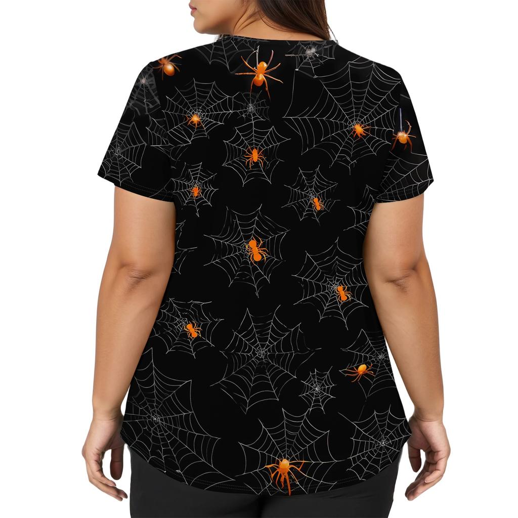 Womens V Neck Short Sleeve Work Shirt Side Slit Pockets Halloween Print Top Casual Comfortable Fit
