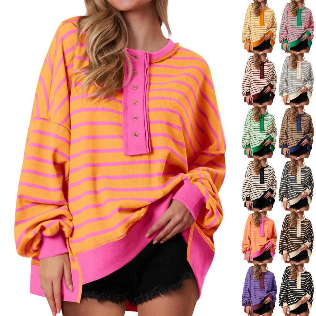 Women's Fashion Striped Round Neck Long Sleeve Button Top Color Blocked  Pullover Sweatshirt Top