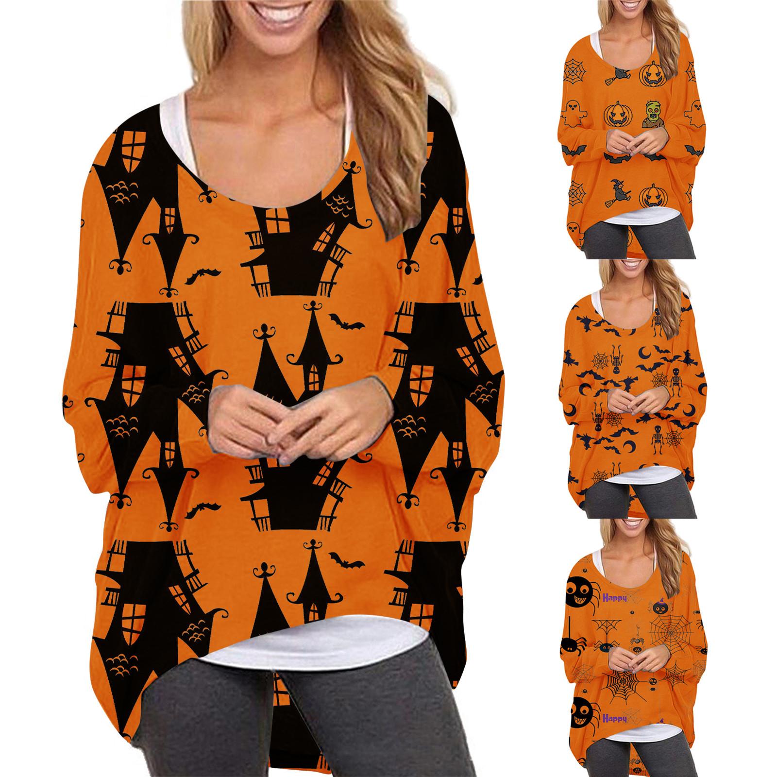 

Женский топ с принтом призраков, повседневная свободная футболка с длинными рукавами и открытыми плечами