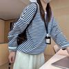Women's Korean Blue & White Striped Round Neck Hoodie – Chic, Relaxed, Loose Fit for Early Spring