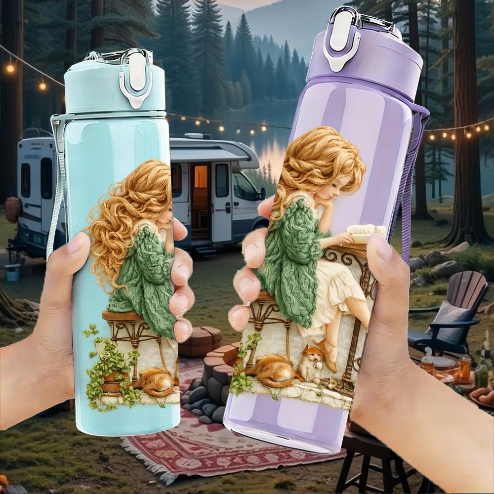 1PC Little Girl Sit Under Tree Scene Print 750ml Color Plastic Sports Water Bottle Leakproof Flip Straw Lid Suitable for Sports Office Home Use