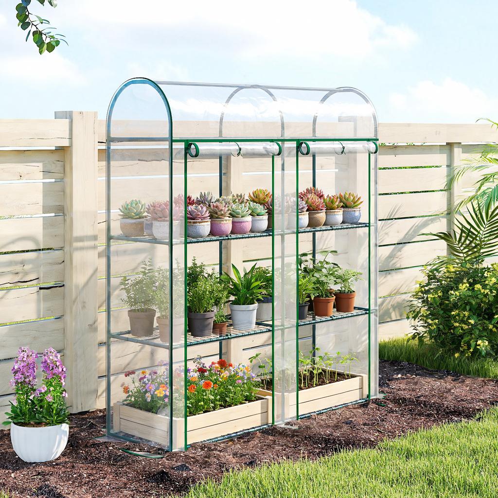 Small 3-Tier Greenhouse, 2 Roll-Up Doors, Steel Frame, Plastic Cover, 143 X 46 X 164 Cm, Transparent