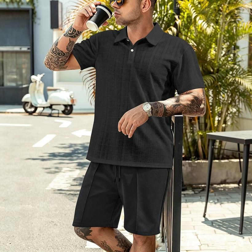 Summer Men Matching Outfit Sets Grid Texture Short Sleeve Polo Shirts Elastic Drawstring Casual Shorts Daily Beach Vacation Two Piece Tracksuit