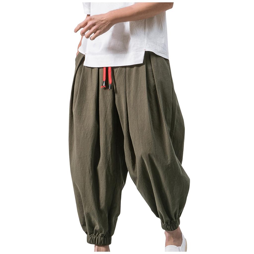 Men's Japanese Cotton Linen Cropped Pants Loose Wide-Legged Pants Plus Size Casual Pants