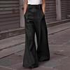 Women Flared Pants Slim High Waist Loose Pockets Faux Leather Elastic Waist Wide Leg Streetwear Solid Color Trousers for Work Leisure Daily Wear