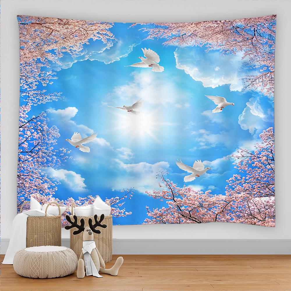 Landscape Tapestry Wall Hanging Sunny Scenery Blue Sky Love Heart Cloud Pigeon Beach Wall Tapestry Backdrop Wall Cloth Tapestry