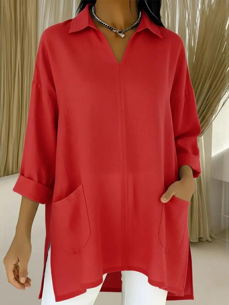 2026 Spring European & American Women's Fashion Solid Color Pocket Shirt Collar Loose Top