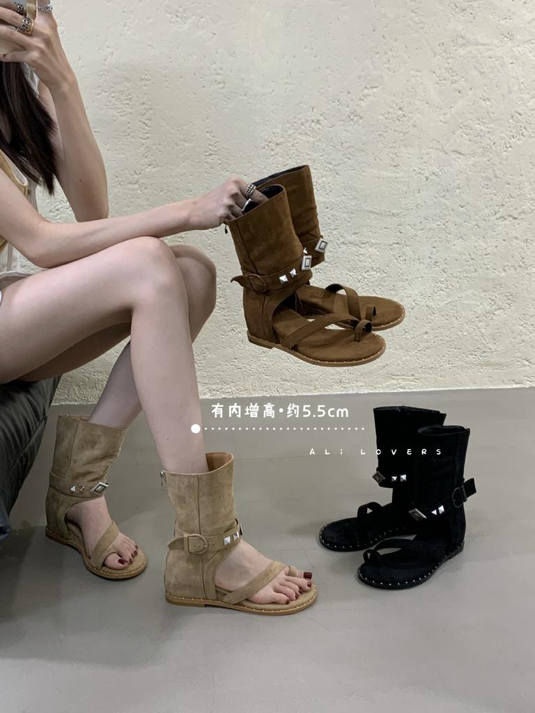 2025 European and American New Fashion Inner Height Increase 5.5CM Toe Sandals Slope Heel Roman Women's Rivets Casual Cool Boots
