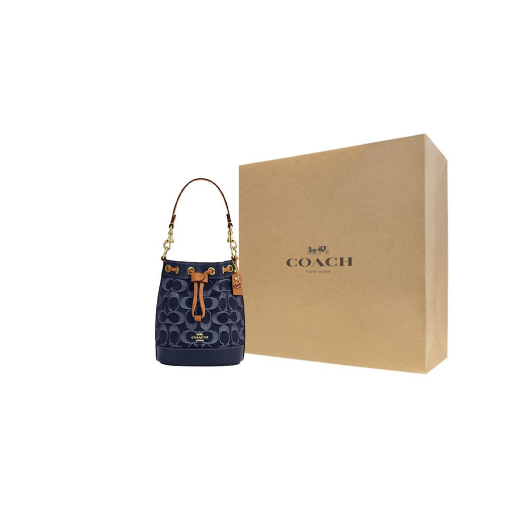 Coach Signature 14 Klassisches Logo Abnehmbarer Schultergurt Stoff und Leder Beuteltasche Mini Damen Taschen Denim-Blau CY740-IMXIA