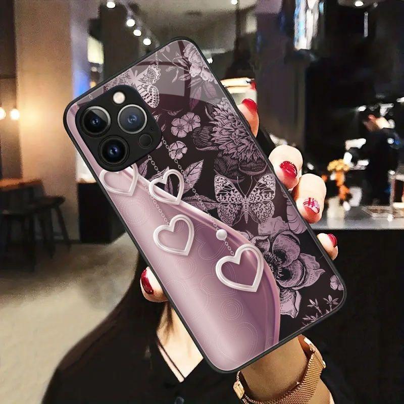 Carcasă Telefon din Sticlă Călită cu Model Inimă și Fluture Pentru iPhone 11 12 13 14 15 16 17 Pro Max 17Air 16E 7 8 Plus XR XS X