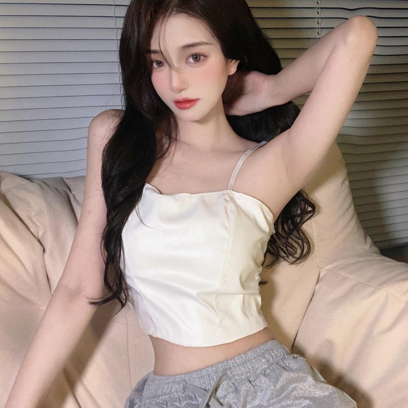 Women's Padded Camisoles PU Leather Sleeveless Tank Top Solid Color Lightweight Pullover Crop Top