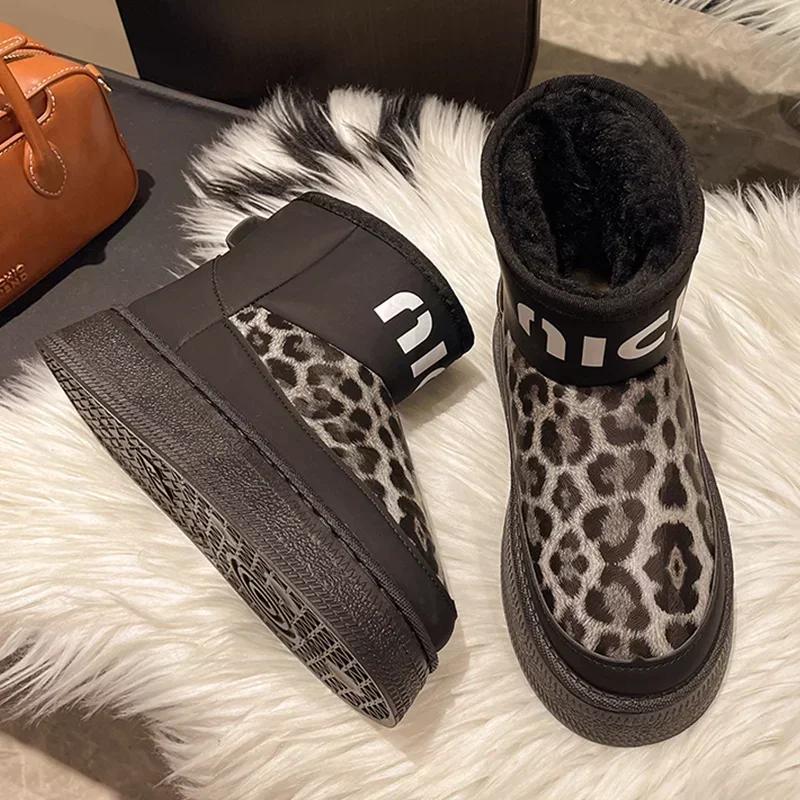 Fashion Leopard Women Fur Snow Boots Ankle Flats Platform Shoes 2025 Winter Short Plush Warm Women Boots Sport Shoes Botas Chelsea Mujer