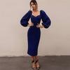 Women Elegant Puff Sleeve Dress Sexy V-neck Slim Party Dress Solid Color Ruffled Collar