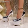 Fashion 2025 Summer New Super High Heels Shallow Mouth 16cm Thin Heel Gold Silver Waterproof Platform Fashion Single Shoes for Women