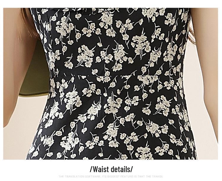 French Black Floral Puff Sleeve Camisole Dress for Women - Summer Seaside Vacation Style
